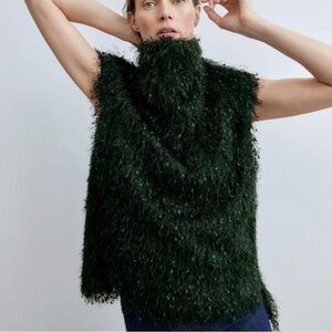 RARE! ZARA Ribbon HIGH NECK Sleeveless Sweater Bottle forest  Green Size medium
